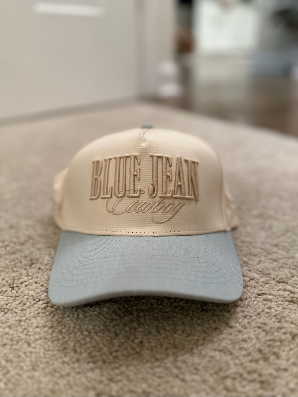 Blue Jean Cowboy Trucker Hat - Beige and Light Blue